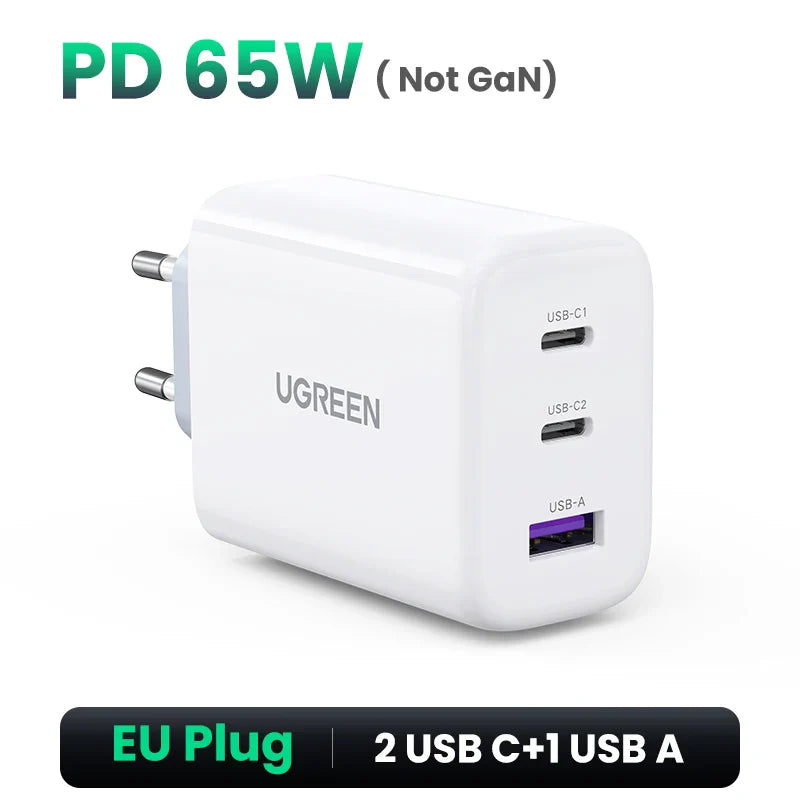 UGREEN 65W GaN зарядний пристрій Quick Charge 4.0 3.0 USB C зарядний пристрій для iPhone 16 15 14 Pro Max ноутбука Macbook Air планшета PD швидка зарядка