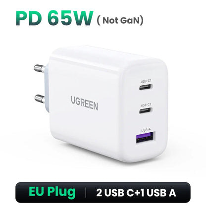UGREEN 65W GaN зарядний пристрій Quick Charge 4.0 3.0 USB C зарядний пристрій для iPhone 16 15 14 Pro Max ноутбука Macbook Air планшета PD швидка зарядка