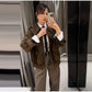 Fashion Brown Suede Bomber Jacket Women Elegant Zipper Lapel Long Sleeve Short Coats Female Vintage Street Chic Lady Outerwear