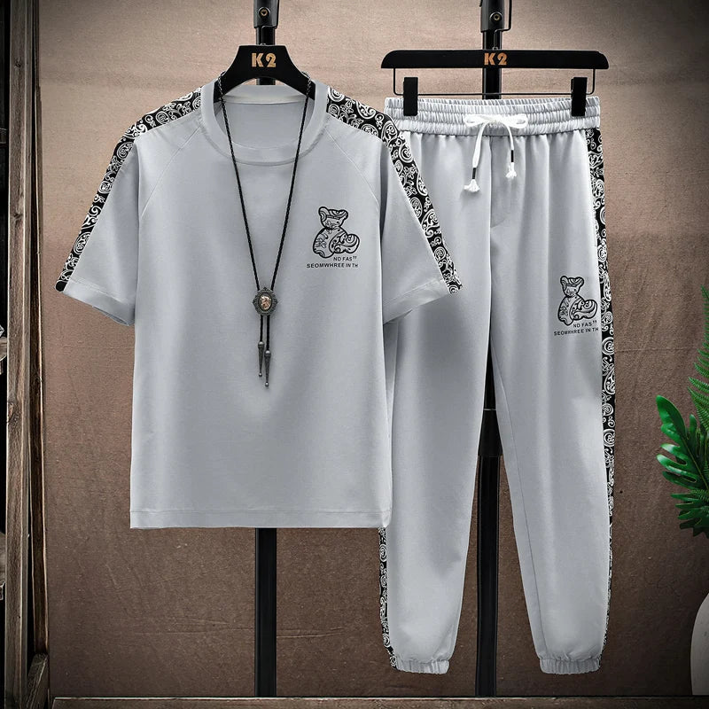 Summer Men's Trousers Tracksuit 2 Piece Set Fashion Tops Tees Ice silk Short Sleeve T Shirt+Pants Vintage Casual Sweatpants
