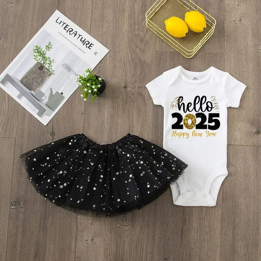 Hello 2025 Print  2 Piece Baby Girls Bodysuit Dress Set New Year Girl Short Sleeve Romper + Tutu Skirt Infant Dresses Set Outfit