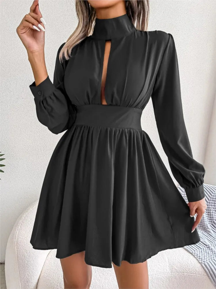 Spring And Autumn Style Long Sleeved Dress Short Skirt Sexy Chest Hollow Half Collar Waist Cinching Big Swing Pullover Red Dress