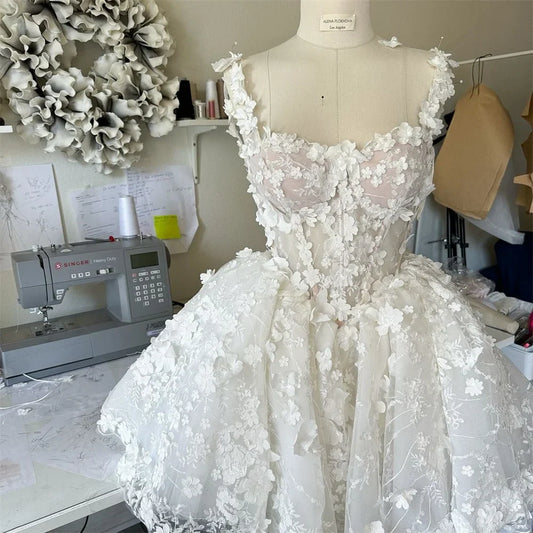 Amanda Boho Flower Lace Mini Ball Gown Prom Dresses Flower Straps Evening Dress Customize Short Wedding Dress Vestidos De Fiesta