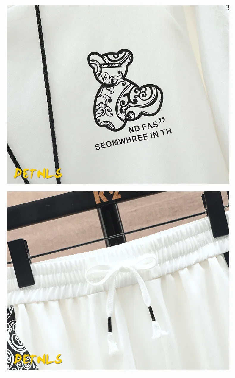 Summer Men's Trousers Tracksuit 2 Piece Set Fashion Tops Tees Ice silk Short Sleeve T Shirt+Pants Vintage Casual Sweatpants