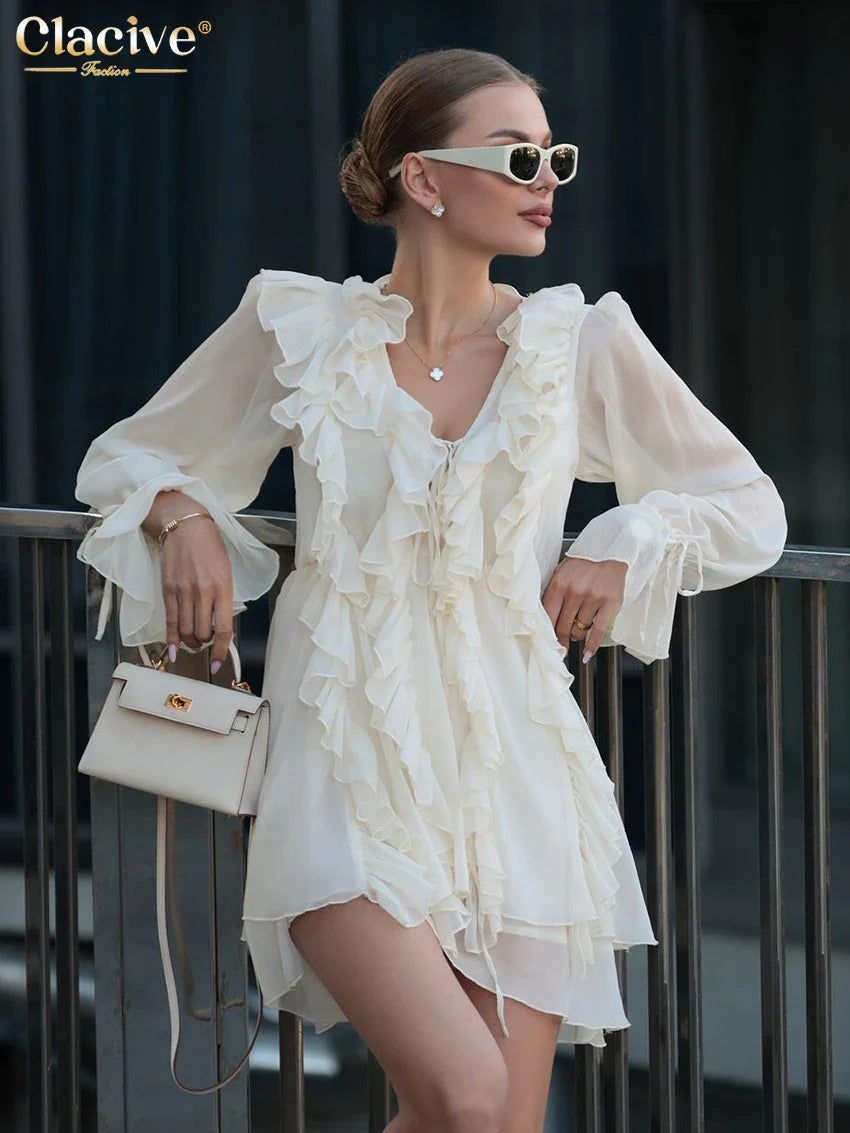 Clacive Fashion Loose Apricot Women's Dress 2024 Sexy V-Neck Long Sleeve Mini Dresses Elegant Classic Ruffle Female Dress