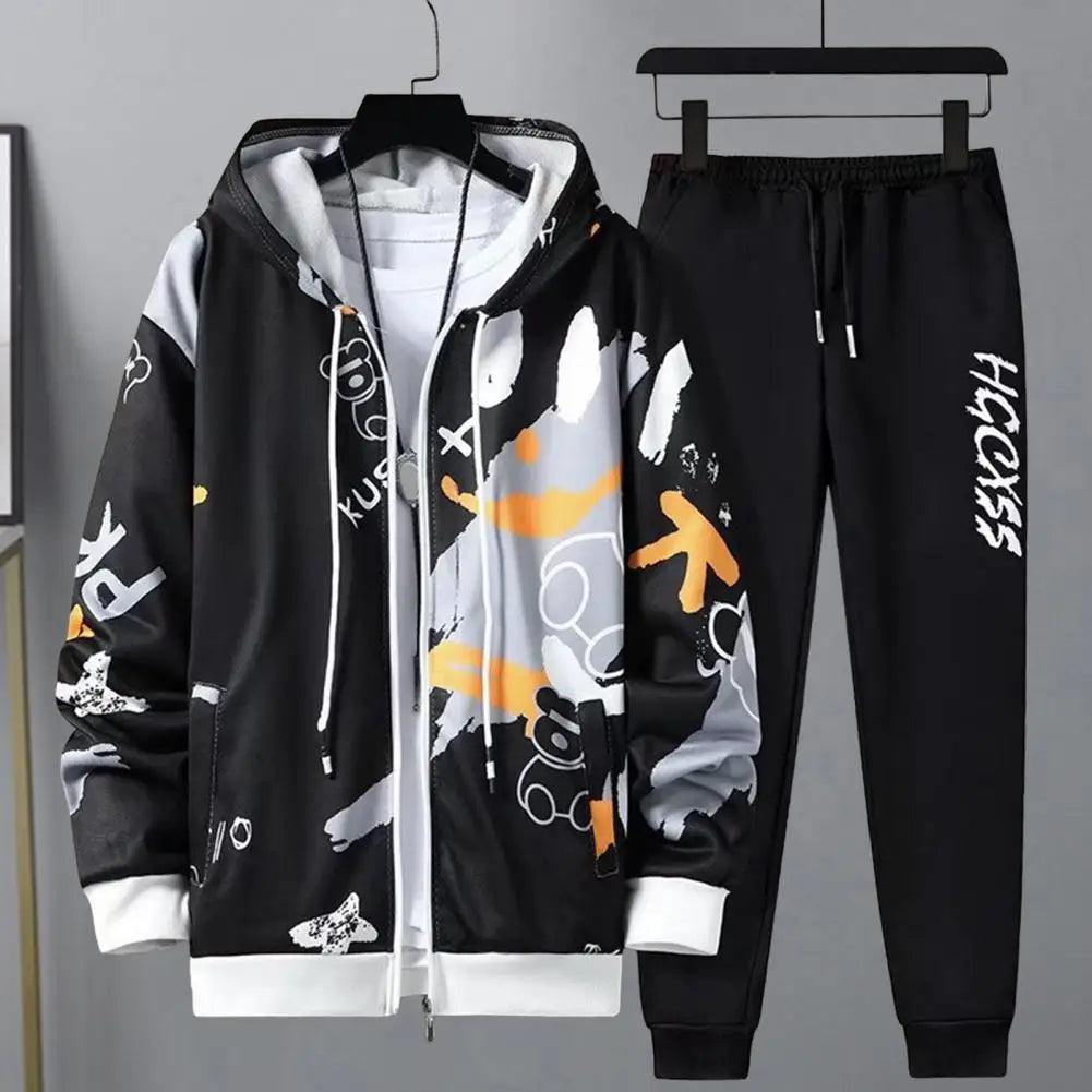 2 Pcs/Set Men Coat Pants Suit Hooded Letter Print Drawstring Loose Jogging Set Hip Hop Ankle-banded Men Sportwear Tracksuit