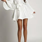 Spring Autumn Elegant Pleated Dress Women Fashion Solid Round Neck Flared Sleeve Lace-up Pleated Mini Dress Women