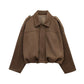 Fashion Brown Suede Bomber Jacket Women Elegant Zipper Lapel Long Sleeve Short Coats Female Vintage Street Chic Lady Outerwear