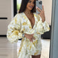 Clacive Sexy Loose Print Women's Dress 2024 Fashion V-Neck Puff Sleeve Mini Dresses Elegant Classic Lace-Up Dress Female Clothes