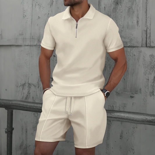 Summer men's new Waffle zipper solid color lapel short-sleeved T-shirt shorts outdoor casual suit