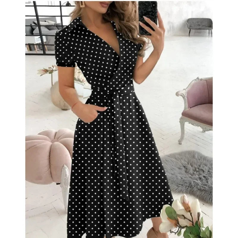 Women Fashion Solid Slim Pocket Lace Up Dress 2023 Spring Autumn Dress Women Casual Printed Short Sleeve V-neck High Waist Dress