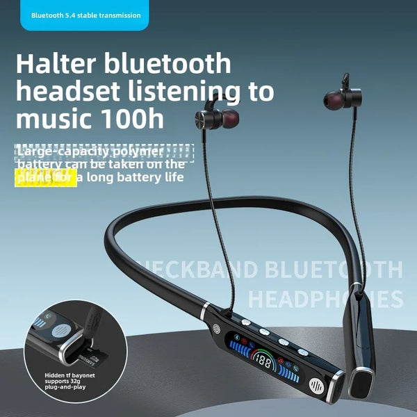 РК-екран спортивної гарнітури Bluetooth на шиї, прихована TF-карта живлення, цифровий дисплей, тривалий час роботи від акумулятора, гарнітура з великою ємністю акумулятора