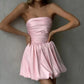Talenza Pink Off Shoulder Pleated Mini Dress Women's Sexy Sleeveless A-Line Dress Elegant One Shoulder Backless Party Mini Dress