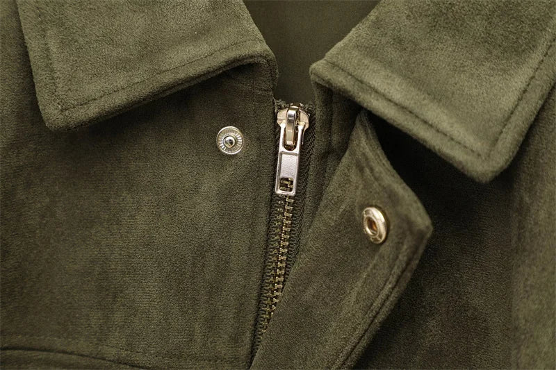 Fashion Brown Suede Bomber Jacket Women Elegant Zipper Lapel Long Sleeve Short Coats Female Vintage Street Chic Lady Outerwear