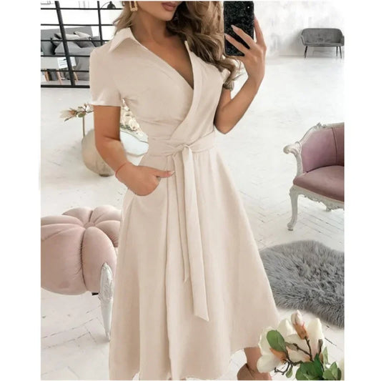 Women Fashion Solid Slim Pocket Lace Up Dress 2023 Spring Autumn Dress Women Casual Printed Short Sleeve V-neck High Waist Dress