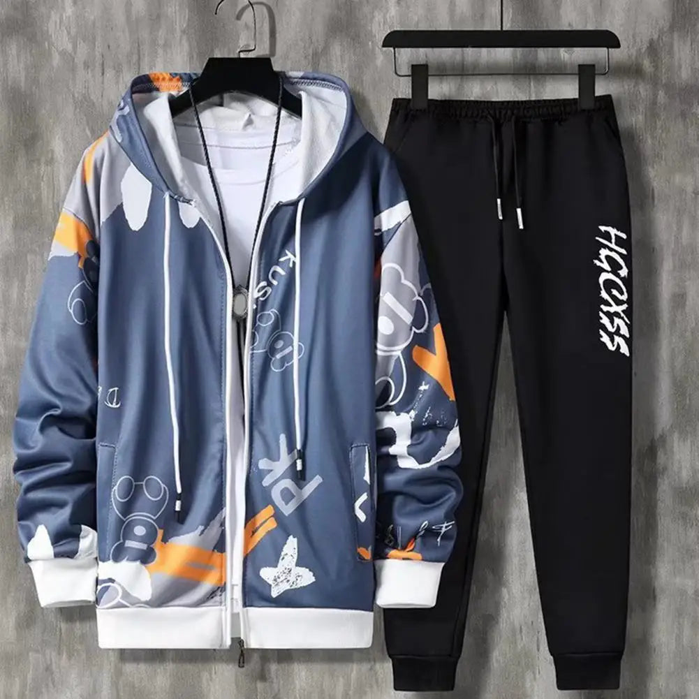 2 Pcs/Set Men Coat Pants Suit Hooded Letter Print Drawstring Loose Jogging Set Hip Hop Ankle-banded Men Sportwear Tracksuit