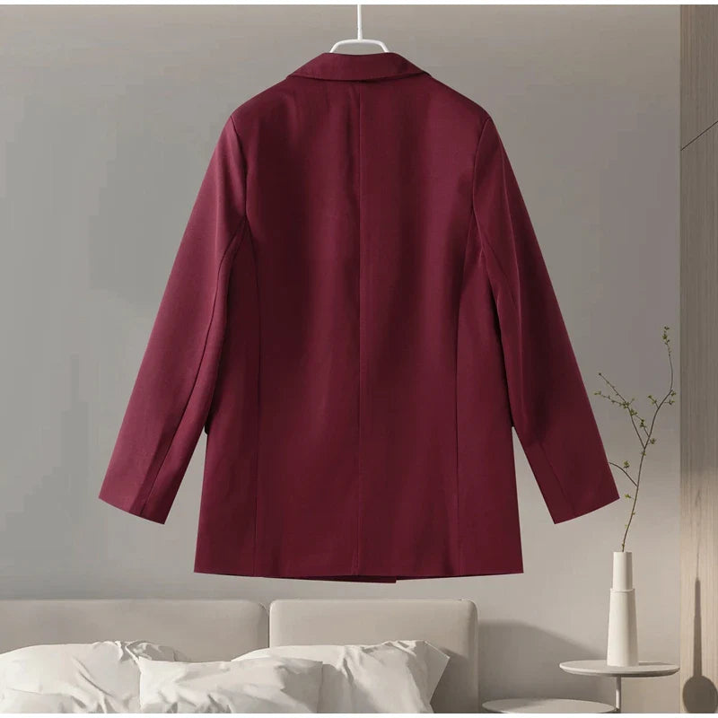 Vintage Women's Burgundy Blazers Elegant Lapel Double Breasted Pocket Full Sleeve Suit Jacket 2024 Autumn Lady Office Outwear