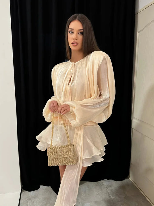 Fashion Ruffles Hem Solid Mini Dress Women Elegant O-neck Lantern Sleeve Short Dresses 2025 New High Street Vocation Vestidos