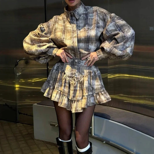 2025 New Elegantsuit Women's Clothing Set High-End Feel Spring Plaid Design Sensibility Ruffle Edge Mini Dress 2-Piece Wholesale