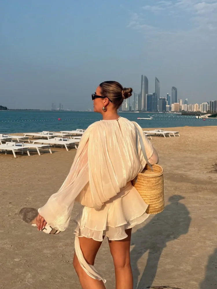 Fashion Ruffles Hem Solid Mini Dress Women Elegant O-neck Lantern Sleeve Short Dresses 2025 New High Street Vocation Vestidos