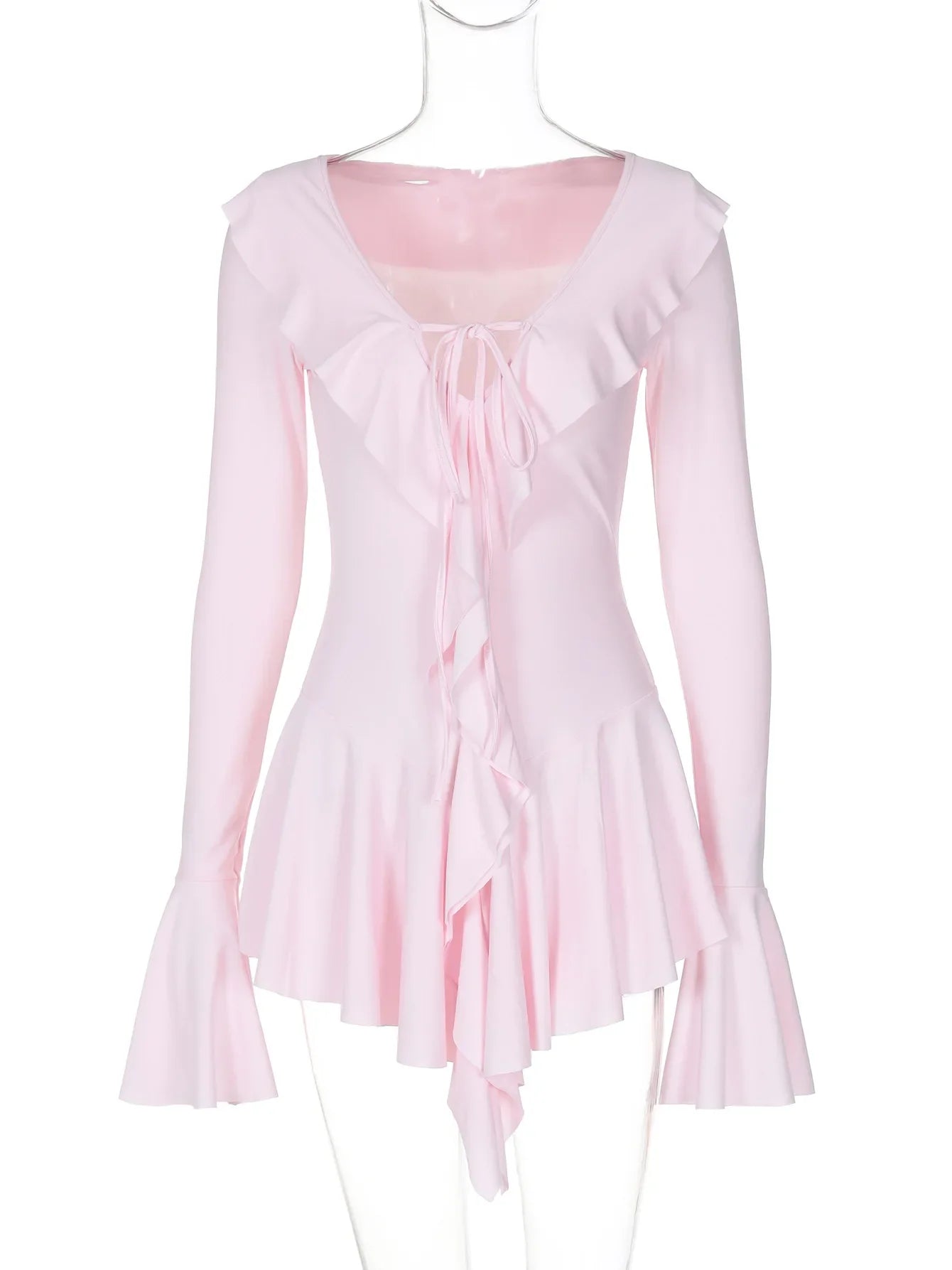 Lygens V Neck Long Sleeve Ruffles Lace Up Sexy Elegant Evening Mini Women'S Dresses Elegant Evening Party Dress Streetwear
