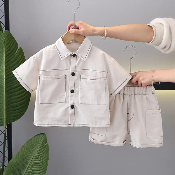 Kids Baby Boy Summer Clothes Set 2024 Fashion Solid Color Turn-down Collar Short Sleeve T-shirts and Shorts Infant Boys Outfits