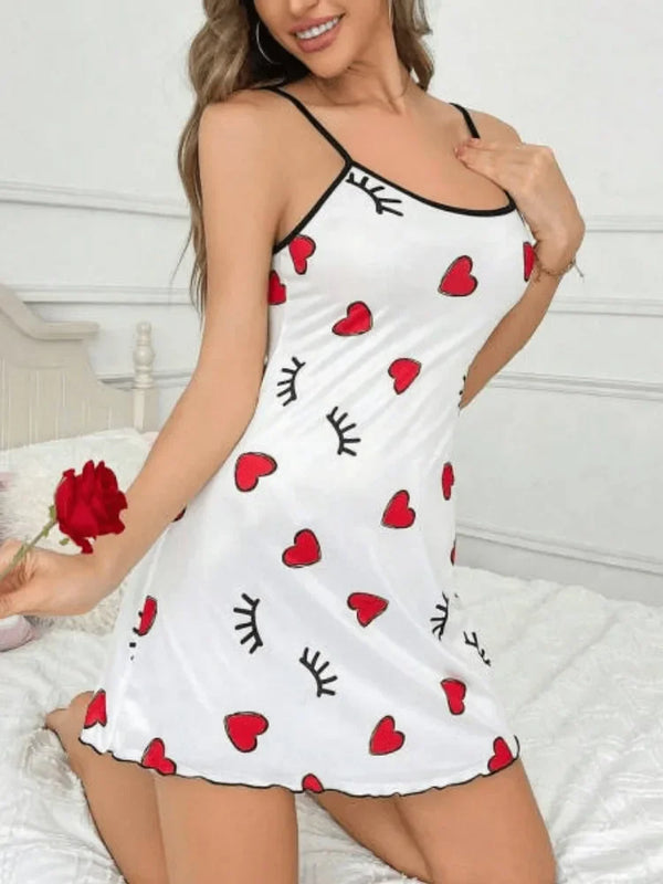 Women Sexy Lingerie Slip Nightdress Round Neck Sleep Dress Split Thigh Nighties Soft Nightgown Heart Printed Loungwear Sleepwear