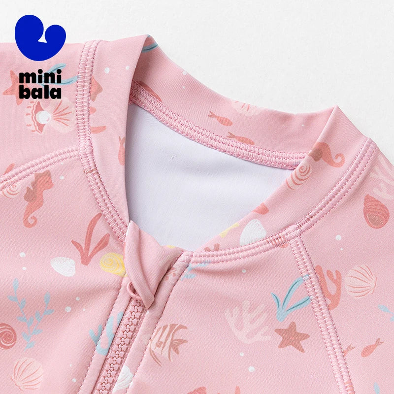 Цільний купальник Mini Bala для хлопчиків і дівчаток з короткими рукавами, захист від сонця з шапочкою для плавання, літо 2025, для басейну та пляжного відпочинку