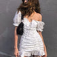 Lace Up Embriodery White Lace Dress Women Hollow Out Beach Summer Dress Puff Sleeve Ruffle Ruched Bodycon Mini Dress Vestidos
