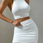 Women White Sexy Halter Neck Sleeveless Backless Two Piece Set Strapless Pleated Slim Bodycon Evening Dresses
