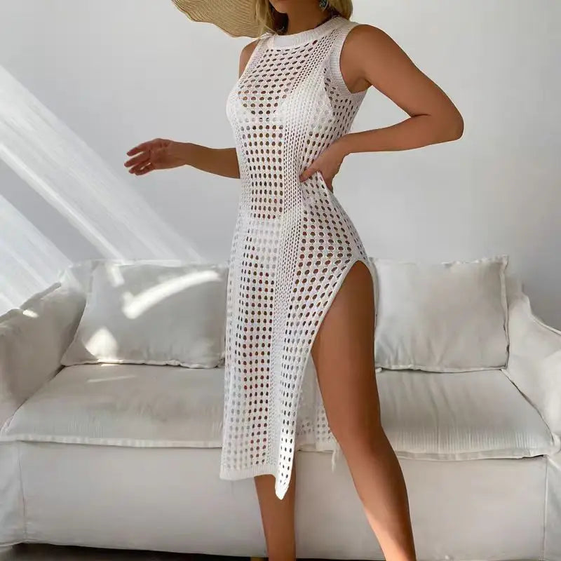 Abrini Women Hollow Out Crochet Cover Up Swimwear Sleeveless Bikini Dress Smock Split Sexy Beach Knitwear Solid Swimsuit