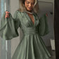 Oymimi Fashion Green Satin Women's Dress Elegant Deep V-Neck Long Sleeve Dresses Autumn High Waist Pleated Mini Dresses Female