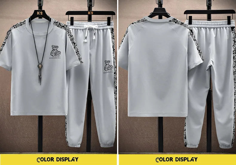 Summer Men's Trousers Tracksuit 2 Piece Set Fashion Tops Tees Ice silk Short Sleeve T Shirt+Pants Vintage Casual Sweatpants
