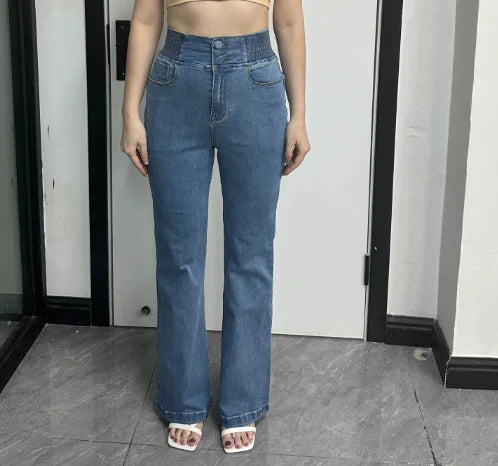 Streetwear Women's New Jeans Back Shirred Button Front High Waist Jeans Temperament Commuting Casual Comfortable Jeans