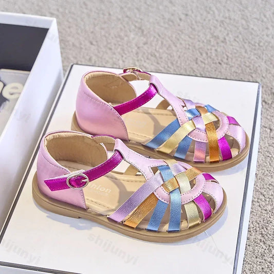 Girls Sandals New 2025 Summer Fashion Princess Party Dress Shoes Kids Colorful Soft Sandals Toddler Children Beach Weave Flats