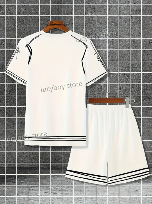 new Men Funny Scribble Sport T-shirt+shorts Suit Set American high luxury Tracksuit Outfit Summer Oversized 2 Piece Set Clothes