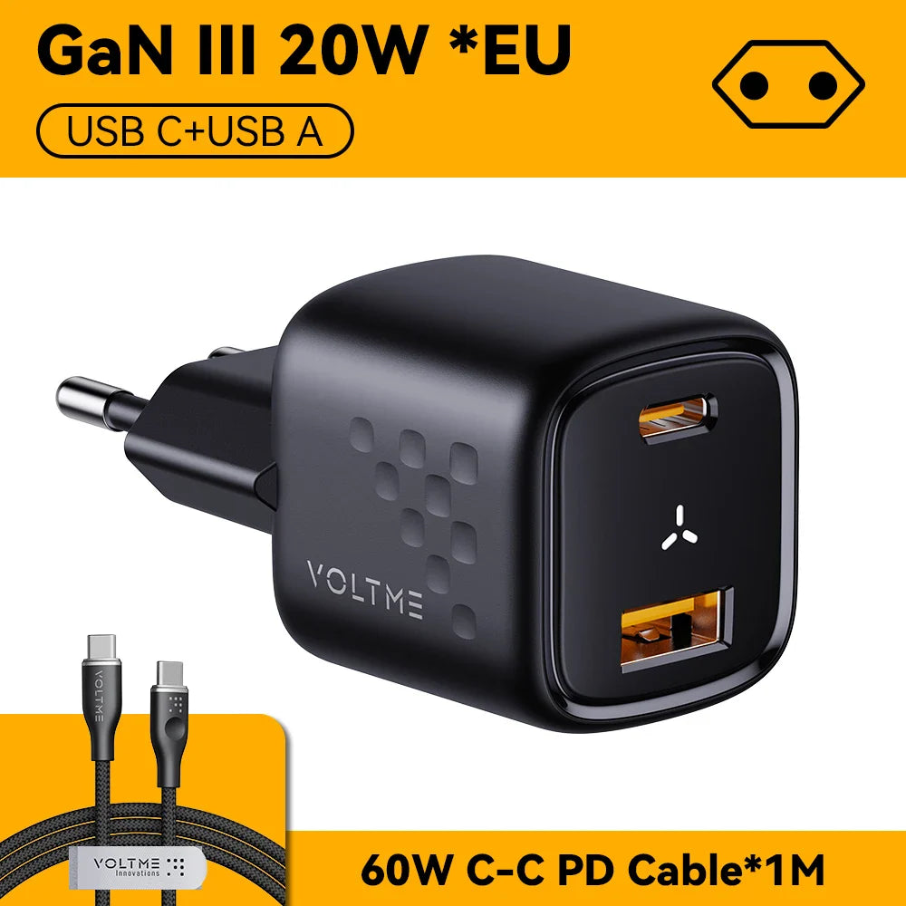 VOLTME USB C настінний зарядний блок 20W Power Delivery + QC3.0 USB A подвійний порт швидкої зарядки Type C для iPhone 15 14 13 12 Pro Max