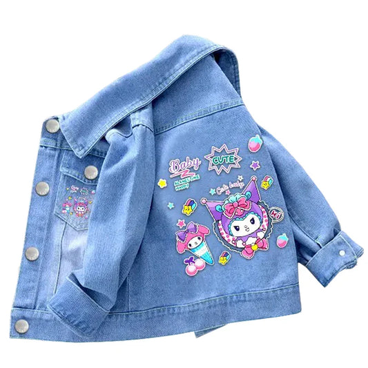 New Spring Cartoon Hello Kitty Kuromi Baby Girls Denim Jacket Coat Autumn Children Outerwear Kids Clothes for 2-7 Years Old