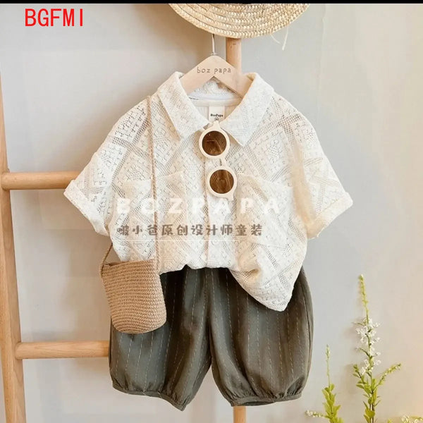 Boys Summer Set 2025 Fashion New Korean Cutout Apricot Shirt and 7-inch Pants for Kids Baby Loose Casual 2pcs Set Birthday Gift