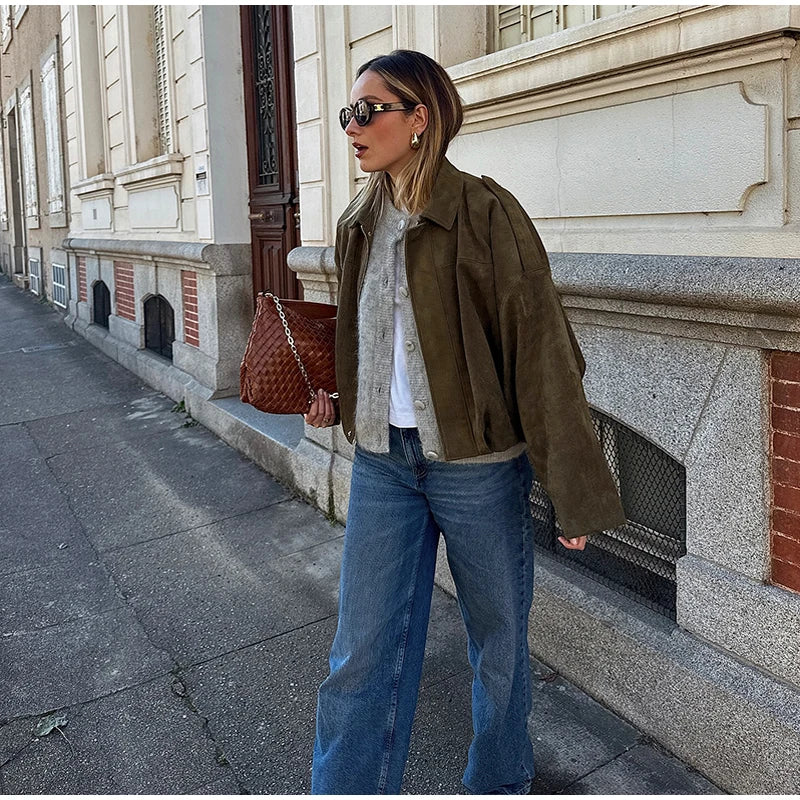 Fashion Brown Suede Bomber Jacket Women Elegant Zipper Lapel Long Sleeve Short Coats Female Vintage Street Chic Lady Outerwear