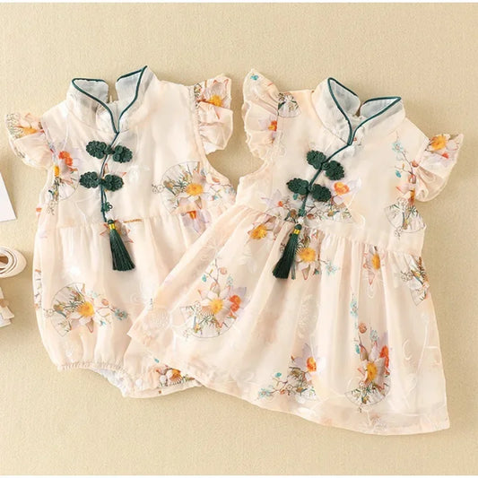 Гарячі розпродажі дитячі літні сукні тонкі китайські стиль Qipao цільний шматок обгортання пердеть пальто новонародженої дитини повний місяць 100 днів спідниця сукні