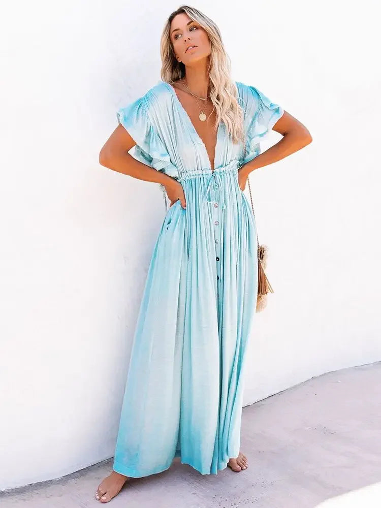 Women Swimsuit Cover Ups Mandarin Sleeve Kaftan Beach Tunic Dress Robe De Plage Solid White Pareo Beach Cover-ups