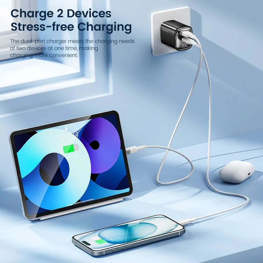 Зарядний пристрій Toocki GaN USB 33W з цифровим дисплеєм QC3.0 PD швидка зарядка Type C для iPhone 15 14 13 Pro Max Smausng Xiaomi Honor POCO