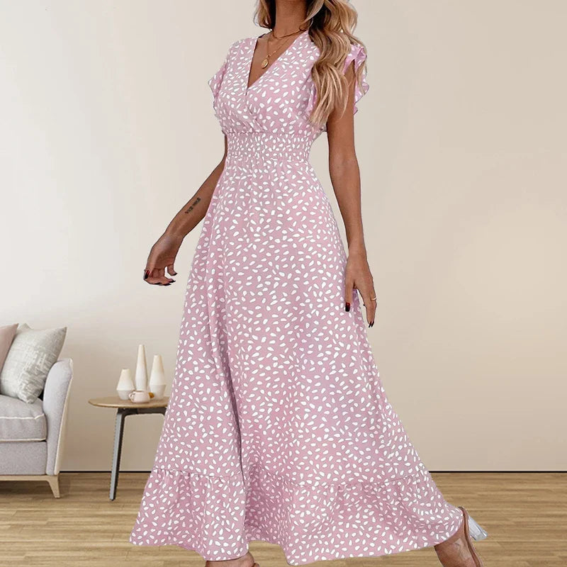 Amazon Cross border Foreign Trade European and American Women's Wear 2024 Spring/Summer Fashion V-neck Waist Long Dress High Wai