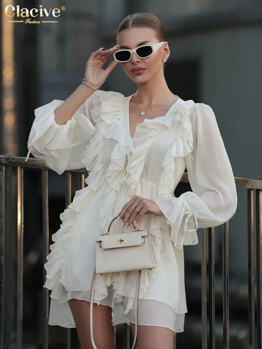 Clacive Fashion Вільна Абрикосова Жіноча Сукня 2024 Сексуальна Сукня Міні з V-подібним Вирізом та Довгим Рукавом Елегантна Класична Сукня з Воланами