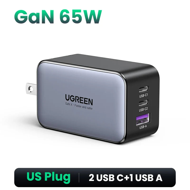 UGREEN 65W GaN зарядний пристрій Quick Charge 4.0 3.0 USB C зарядний пристрій для iPhone 16 15 14 Pro Max ноутбука Macbook Air планшета PD швидка зарядка