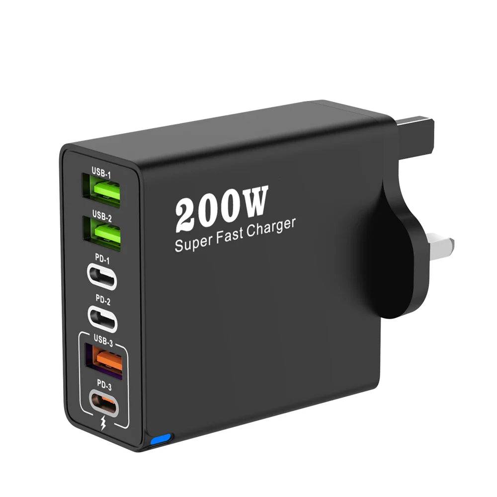 200 Вт 6-портовий USB C зарядний пристрій Супершвидка зарядка PD3.0 USB C Type C зарядний пристрій для мобільного телефону для iPhone 16 SE4 Samsung Xiaomi iPad