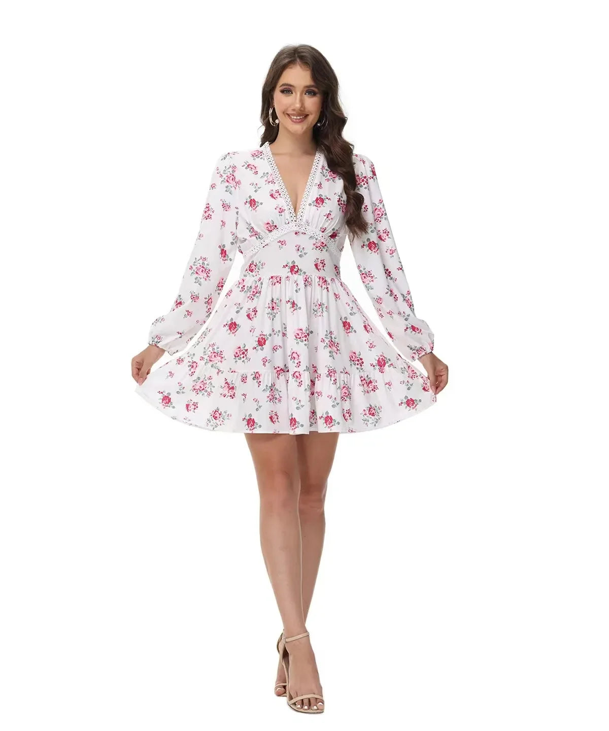 Spring  Autumn Women's New Dress Temperament Sweet Print V-neck Lantern Sleeve Lace High Waist Short Dress
