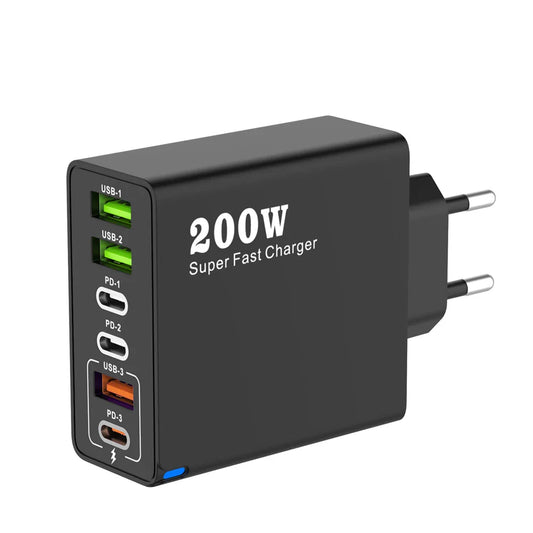 200 Вт 6-портовий USB C зарядний пристрій Супершвидка зарядка PD3.0 USB C Type C зарядний пристрій для мобільного телефону для iPhone 16 SE4 Samsung Xiaomi iPad