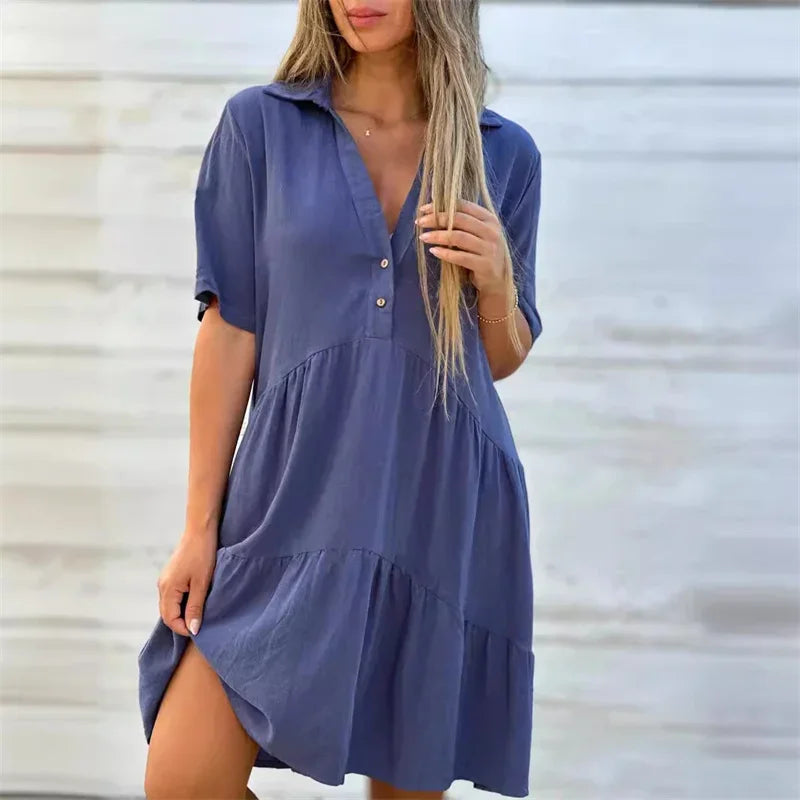 2024 Summer Solid Color Lapel Button Splicing Dresses Women Short Sleeve Dress Female Casual Commuter Cotton Linen Pleated Gown